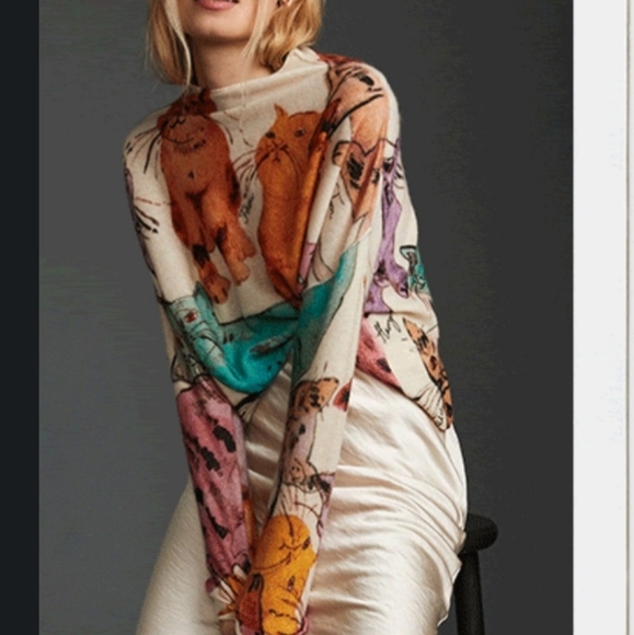 ISO Alani Cashmere Mock-Neck Sweater Cat Print - Picture 1 of 1